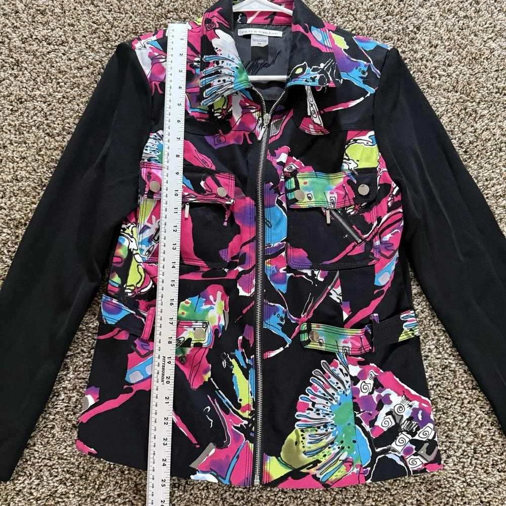 Peter Nygard Womens M Multicolor Abstract Zip Jacket Stretch Knit Sleeves Pocket